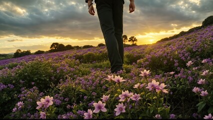 Wall Mural - person walking in the field