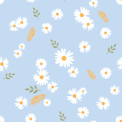 Sticker - Seamless pattern with daisy chamomile flower, yellow and green branch on blue background vector. Cute floral print.