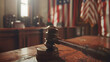 Law theme, mallet of judge, wooden gavel in courtroom