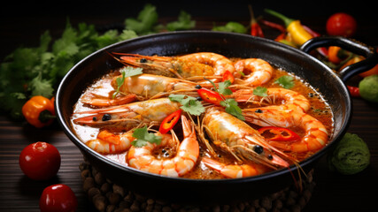 Wall Mural - Seafood Paella in a frying pan on a dark background