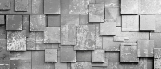 Poster - Abstract geometric gray grey 3d texture concrete cement wall with squares and square cubes background banner, textured wallpaper
