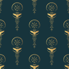 Wall Mural - Golden vegvisir, valknut, triquetra, raven and other viking symbols on black background. Seamless vector pattern for wallpaper, textile, wrapping and covers.