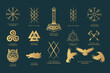 Viking symbols isolated set. Golden collection of scandinavian pagan norse sign vegvisir, fenrir, Thor's Hammer, etc. Magic warrior vector illustration for t-shirt design, print, cards and stickers. 