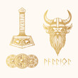 Thor’s hammer, viking head in a helmet, shields and runes . Golden design elements isolated on white background. Scandinavian vector illustration for print, web design and stickers.