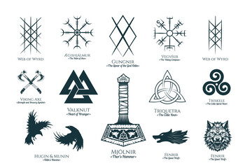 Sticker - Viking symbols isolated set. Hand drawn collection of scandinavian pagan norse sign vegvisir, fenrir, Thor's Hammer, etc. Magic warrior vector illustration for t-shirt design, tattoo, print, cards