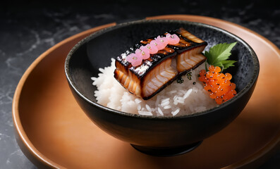 Wall Mural - A glazed grilled eel with grill marks over white rice, garnished with pink pickled ginger, green shiso leaf, and orange fish roe, served in a black bowl