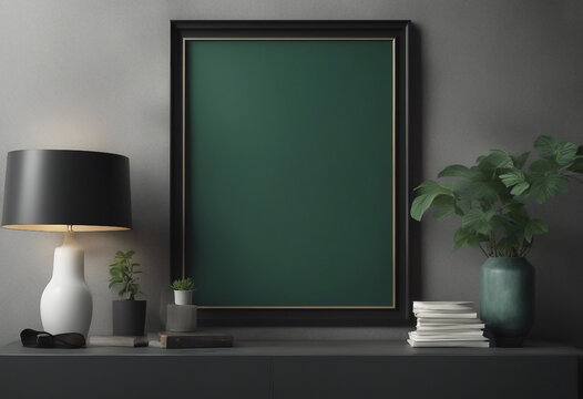 Mock up poster frame close up on wall painted dark green color 3d render