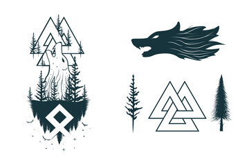 Wall Mural - Viking symbols and runes isolated set. Scandinavian  vector illustration of the Wolf, valknut and trees for print, tattoo, web and t-shirt design