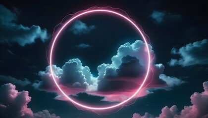 Poster - abstract cloud illuminated with neon light ring on dark night sky. glowing geometric shape, round fr