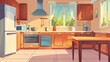 Kitchen with appliances for cooking, furniture, and a serving table near a large window, an oven, range hood, refrigerator, and utensils. Cozy, clean dining room. Cartoon modern illustration.