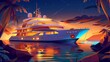 Modern cruise ship with glowing portholes moored in sea harbor at tropical land. Passenger ship on dark water surface at summer, cartoon modern illustration.