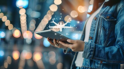 Travel concept, business flights, air cargo deliveries and logistics, girl holding tablet in her hands with aircraft icon.