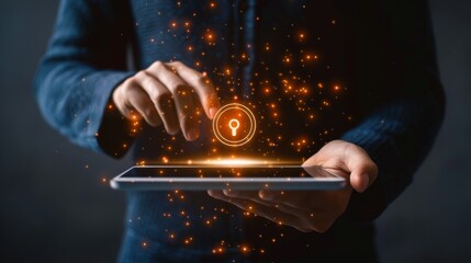 Poster - The image shows a man holding a tablet. He touches the safe icon. Online banking, digital safe money, digital security, and online security are concepts.