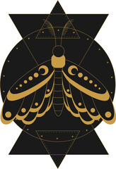 Wall Mural - Mystic outline butterfly. Celestial golden insect and frame with stars, moon phases, crescents, arrows. Ornate shiny magical linear moth