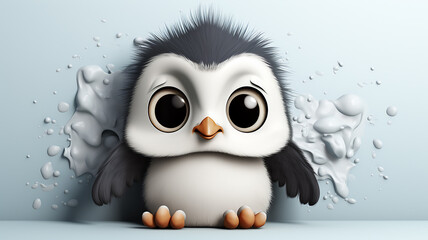  Funny baby penguin with big eyes, cute cartoon character on a light background