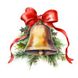 Watercolor Christmas bell with red ribbon and holly berry isolated on white background.
