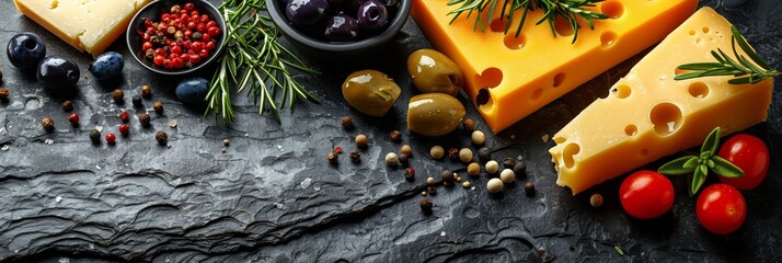 Wall Mural - An assortment of ingredients including olives, herbs, cheese, and spices laid out on a rustic table.