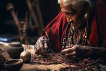 Elderly Artisan Crafting Wooden Necklace