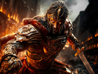 Wall Mural - Male warrior with sword. man outdoor. city in the fire. athletic soldier who doing fitness and professional sports. Person wearing spartan armored costume with helmet. Spartan warrior with iron mask.