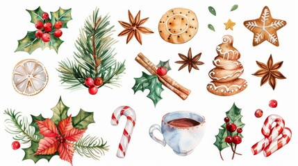Wall Mural - An elegant watercolor image of Christmas decor on a white background. It includes spices and ornaments, cookies, cocoa, gifts, plants and plants.