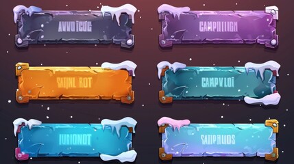 Poster - Overlay panels and buttons for game streaming with ice texture and snow. Modern cartoon set of live stream frames in winter style for show gaming.