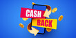 Smartphone with cashback label and flying coins. Money back. Online shopping.