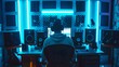 Music Producer Working in a Modern Home Studio with Blue LED Lighting, Mixing on a Computer. AI