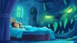 The mysterious boogeyman or ghost hides under the bed with a sleeping girl. Modern cartoon illustration of an interior at night, including glowing green eyes and a sleeping girl.