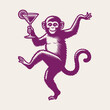 A cheerful dancing monkey with a glass of alcoholic drink in his hand. Vintage retro illustration, emblem logo. Pink
