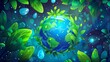 Planet earth cartoon web banner with globe, leaves, water drops, recycling symbol, and swipe button. Sustainable development, renewable energy, and environmental protection.