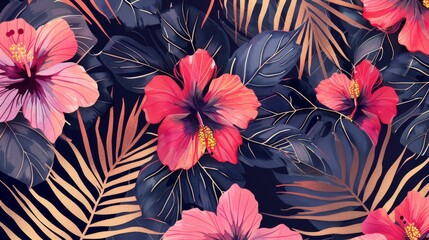 Poster - An exciting seamless pattern with watercolor and outline elements of hibiscus flowers, leaves, and golden rhombuses. Ideal for wallpapers, web page backgrounds, fabrics, and other products.