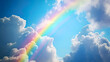 Rainbow in the sky. Vivid rainbow arching across a sunny sky. Spectrum of light against fluffy cumulus clouds. Colorful natural phenomenon over blue sky.