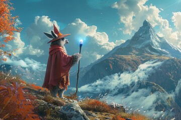 Wall Mural - A llama dressed as a wizard, casting spells with a magical staff as it explores a mystical mountain landscape