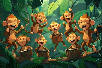 Canvas Print - A group of monkeys having a dance party in the rainforest, swinging from vines and drumming on hollow logs to the beat of the music, cartoon