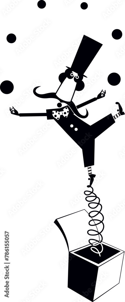 Toy circus clown on a spring pops out of the box and juggles the balls ...