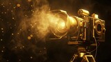 Fototapeta  - gold movie camera, strobe lighting, over head lighting, spot light, black background