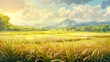 A field of rice with the sun shining on it. The sun is in the background and the sky is blue