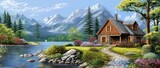 Fototapeta Londyn - wooden cabin at riverside with snow peak mountain as background, artful painting style illustration with grungy brush stroke texture, Generative Ai