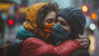 Loving Embrace in Masks During Chilly City Evening