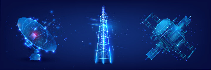 Aufkleber - Network Communication Technology with Satellite, Antenna, and Space Station. A visual concept of space communication technology with wireframe satellite, radio tower, and space station illuminating.