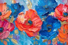 Vibrant Abstract Floral Oil Painting With Red And Blue Petals And Gold Accents Palette Knife Technique