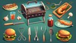 A barbecue set with food and cooking tools including a grill machine, fish steak, shrimp kebab, forceps, sauce bottle, burger, chicken leg, cooking spoon, and glass.