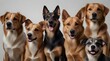 Row of different size and breed dogs over white horizontal social media or web banner. Dogs are looking at the camera, some cute, panting or happy.generative.ai 