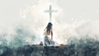 Wall Mural - A woman praying for atonement at the foot of the cross