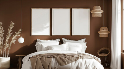 Canvas Print - A mockup of blank poster frames on the wall above bed in a brown room.