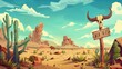 Modern cartoon illustration of an American desert landscape with a wanted poster and a bull skull on a pole. Wild west desert panorama with sand, cacti, mountains, ox bones, and wooden signs.