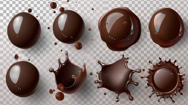 Dark brown glossy ganache sauce or syrup blobs isolated on transparent background. Sweet chocolate spherical textured spots, design elements, realistic 3D modern set.