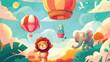 Happy cartoon animals flying on hot air balloon above