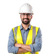 © Рика Тс - Builder portrait, man with crossed arms and smile, architect or engineer in the construction industry on a transparent background. Happy male contractor, layout and professional builder wearing white