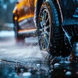 Close-Up of Car Wheels in Rain